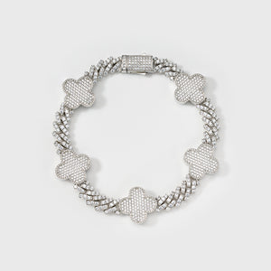 Clover Iced Prong Cuban Bracelet (Silver) - 8mm