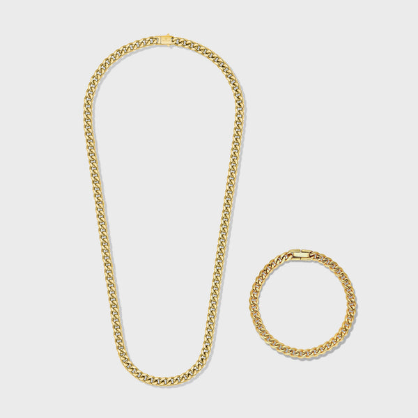 Women's Cuban Link Chain + Bracelet (Gold) - 5mm
