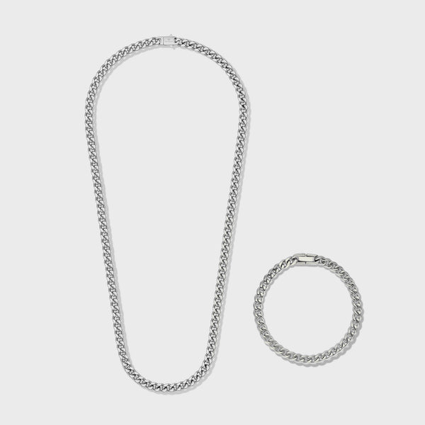 Cuban Link Chain + Bracelet (Silver) - 5mm