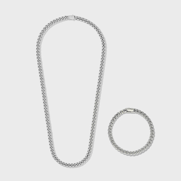 Women's Cuban Link Chain + Bracelet (Silver) - 5mm