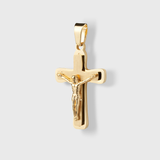 Gold crucifix pendant on a light gray background