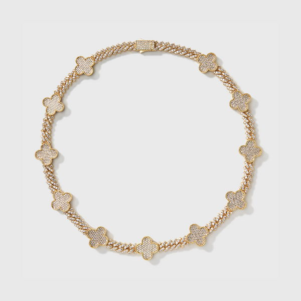 Women's Clover Iced Prong Cuban Bracelet (Gold) - 8mm