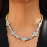 Clover Iced Prong Cuban Chain + Bracelet (Silver) - 8mm