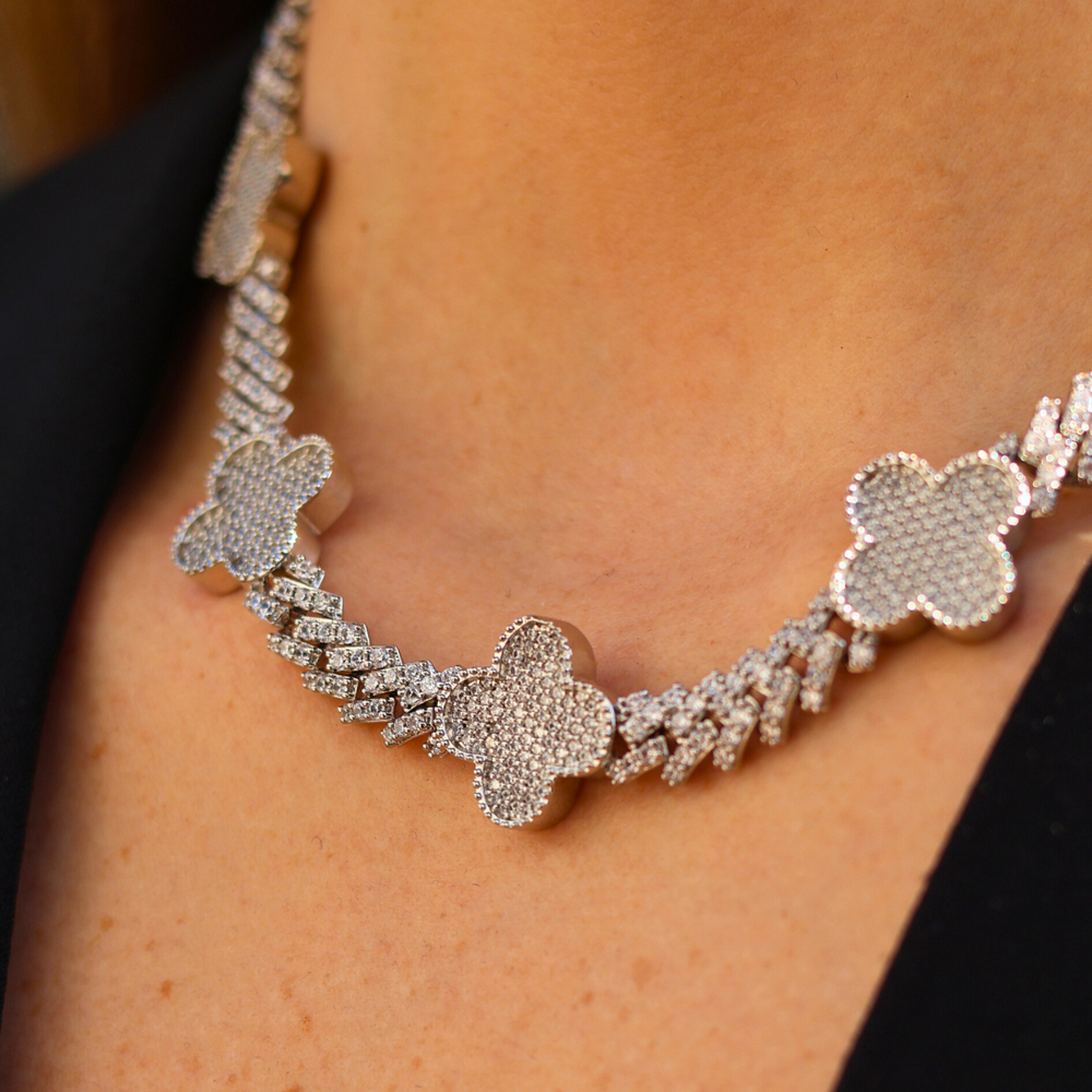 『Hollywood CHAIN BROWN×SILVER』 Women's Clover Iced Prong Cuban Chain (Silver) - 8mm – Imperium