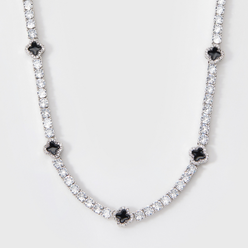 Black Clover Tennis Chain + Bracelet (Silver) - 4mm