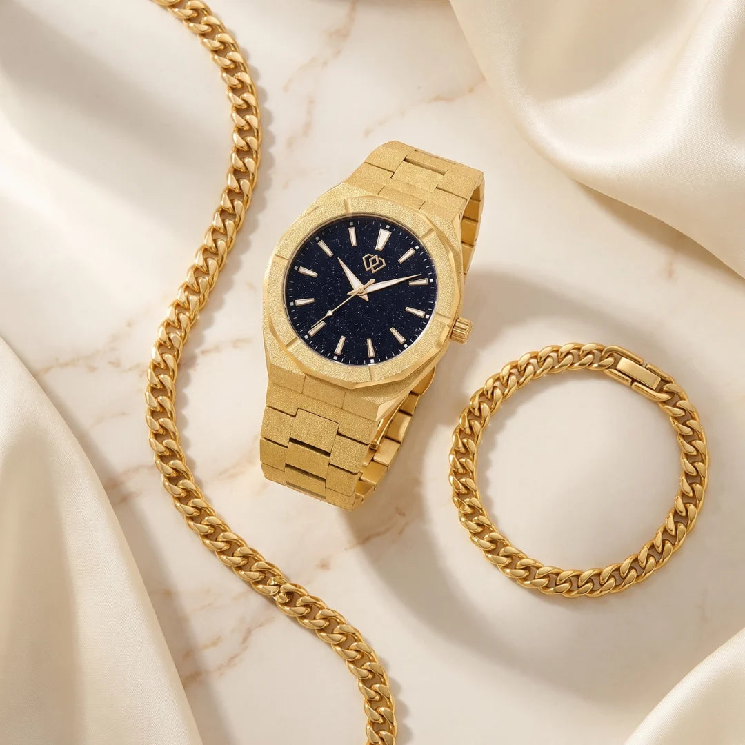 Frosted Watch + Gold Cuban Set