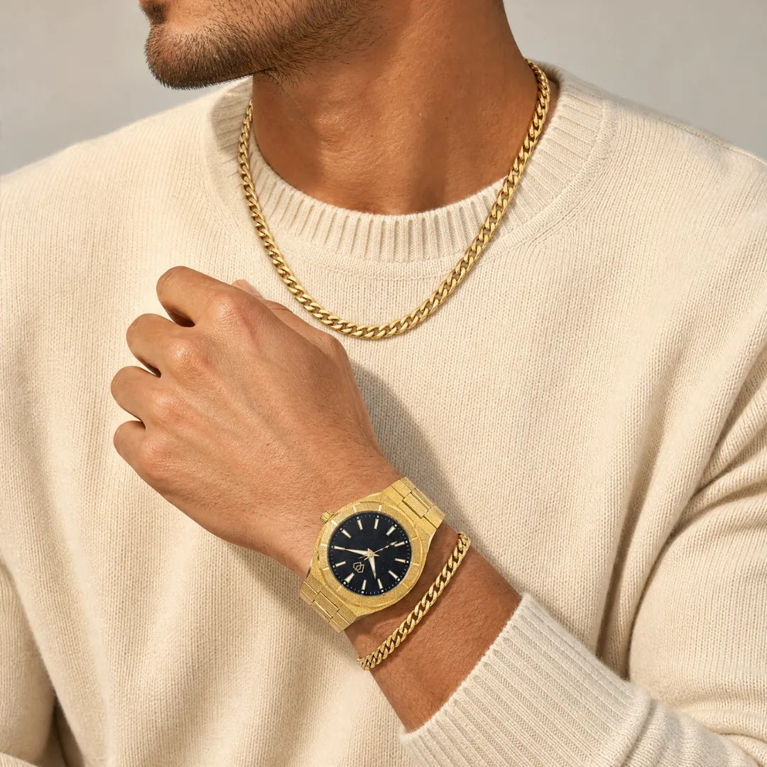 Frosted Watch + Gold Cuban Set