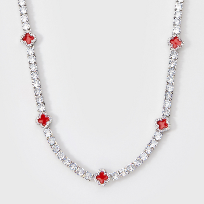 Red Clover Tennis Chain + Bracelet (Silver) - 4mm