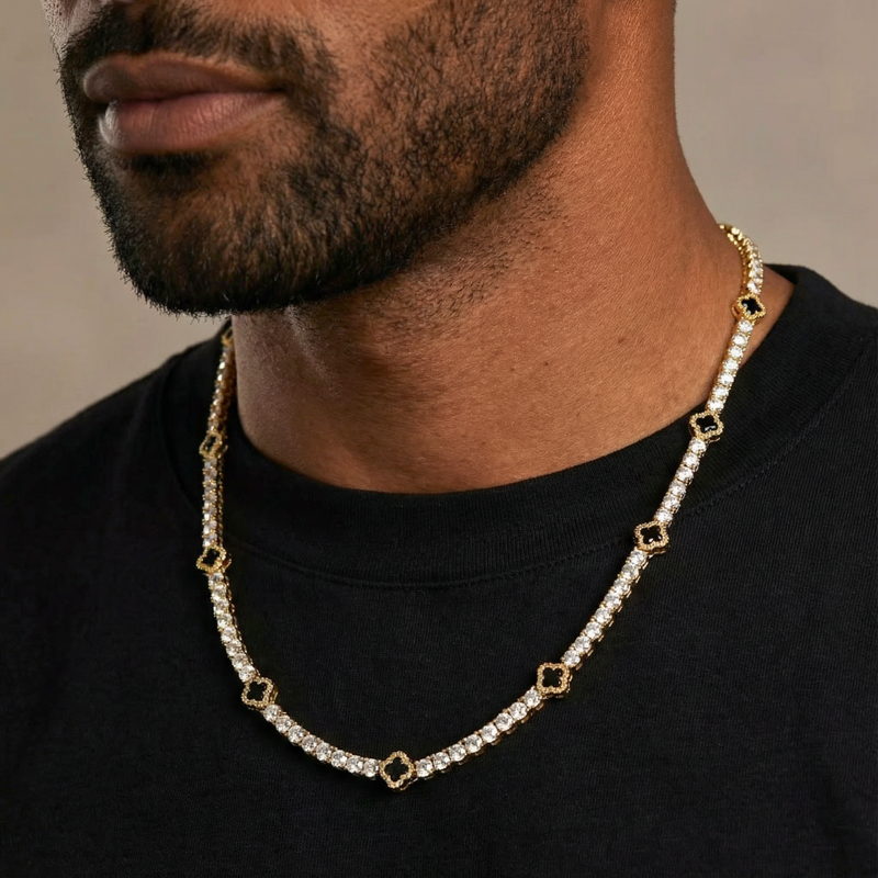 Black Clover Tennis Chain + Bracelet (Gold) - 4mm