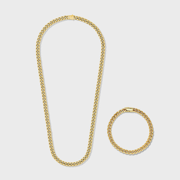 Cuban Link Chain + Bracelet (Gold) - 5mm