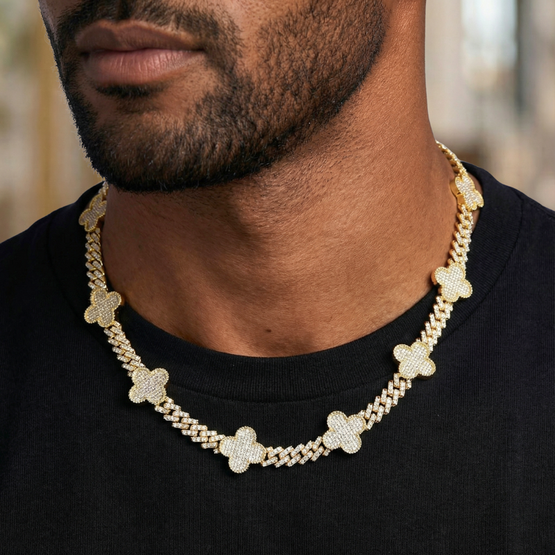 Clover Iced Prong Cuban Chain (Gold) - 8mm