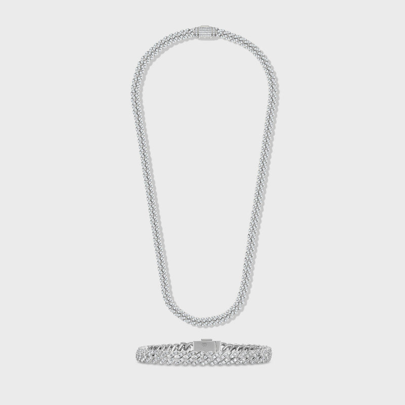 Women's Iced Cuban Chain + Bracelet (Silver) - 8mm