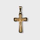Gold crucifix pendant on a light gray background