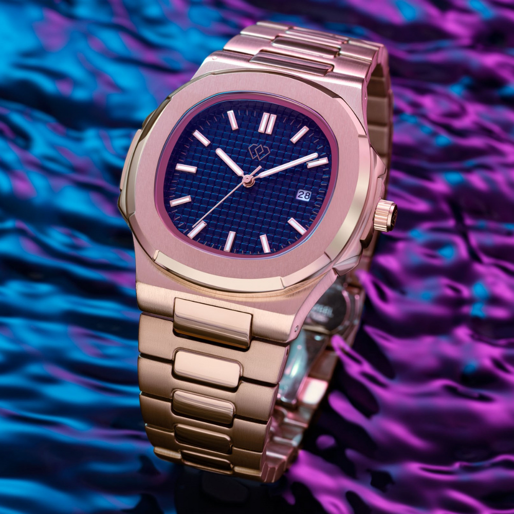 Midnight Rose Gold Watch – Elegant Black Dial, 5 ATM
