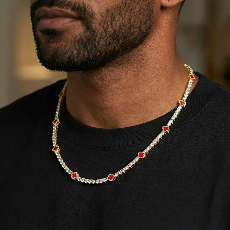 Red Clover Tennis Chain + Bracelet (Gold) - 4mm