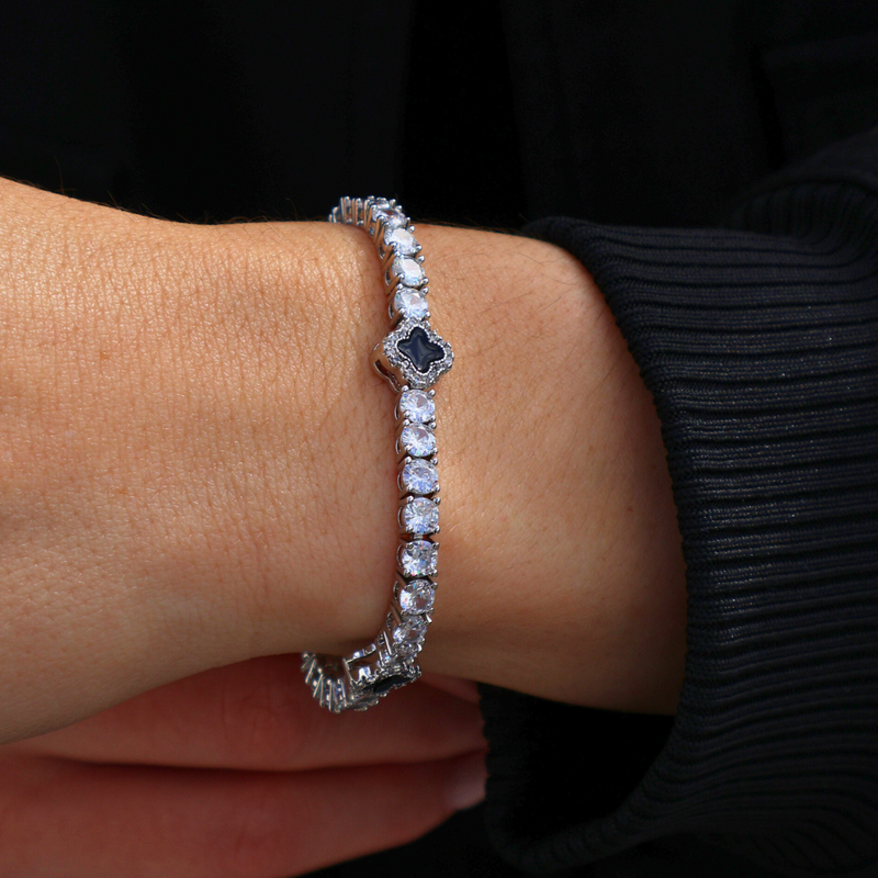 Women's Black Clover Tennis Bracelet (Silver) - 4mm