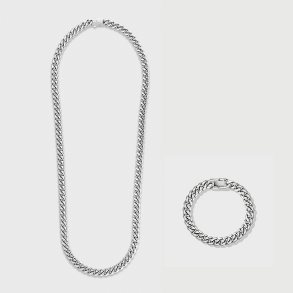 Cuban Link Chain + Bracelet (Silver) - 8mm