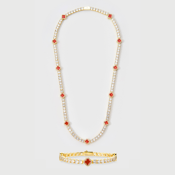Red Clover Tennis Chain + Bracelet (Gold) - 4mm
