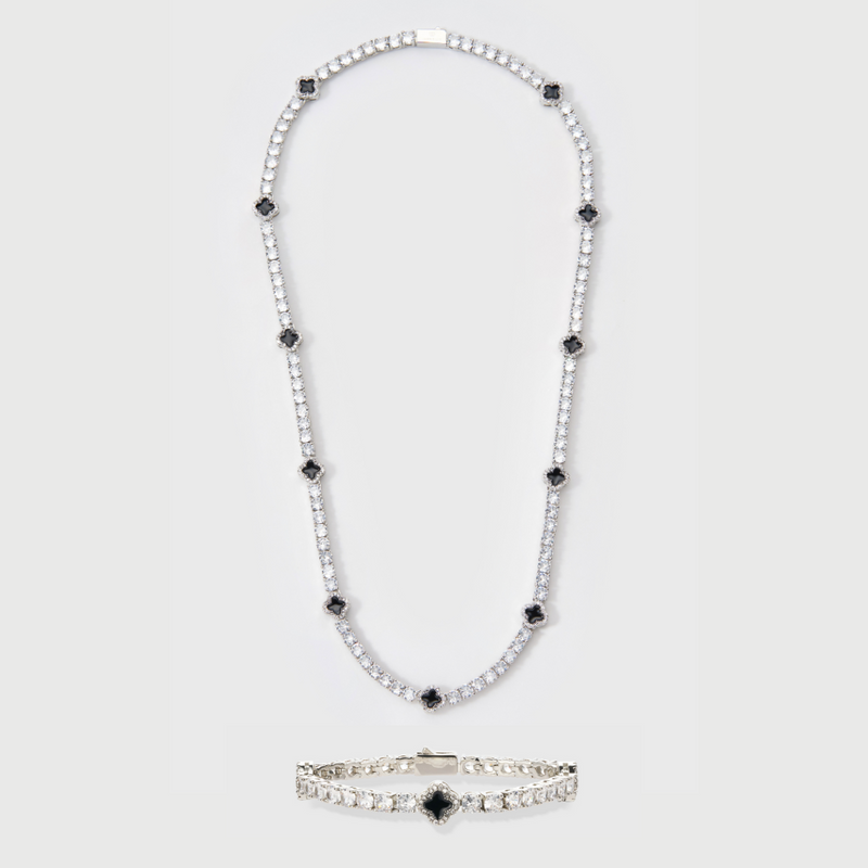Black Clover Tennis Chain + Bracelet (Silver) - 4mm