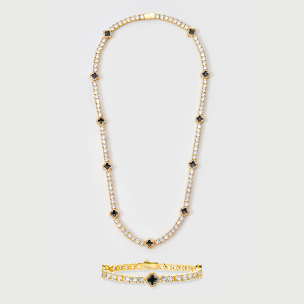 Black Clover Tennis Chain + Bracelet (Gold) - 4mm