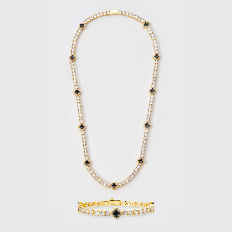 Black Clover Tennis Chain + Bracelet (Gold) - 4mm